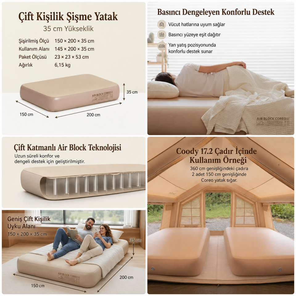 Coody Coreo Şişme Yatak 150 x 200 x 35 cm | Çift Kişilik Premium Hava Yatağı